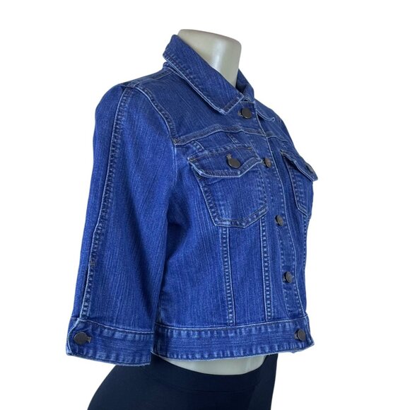 Loft Womens Medium Blue Denim Button Front Cropped Jacket 3/4 Sleeve Cotton - Picture 2 of 8